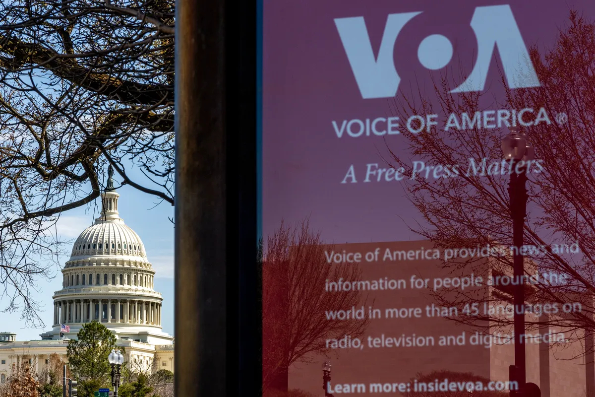 A billboard promoting Voice of America outside its headquarters in Washington, DC, 17 March 2025. Photo: EPA-EFE / SHAWN THEW