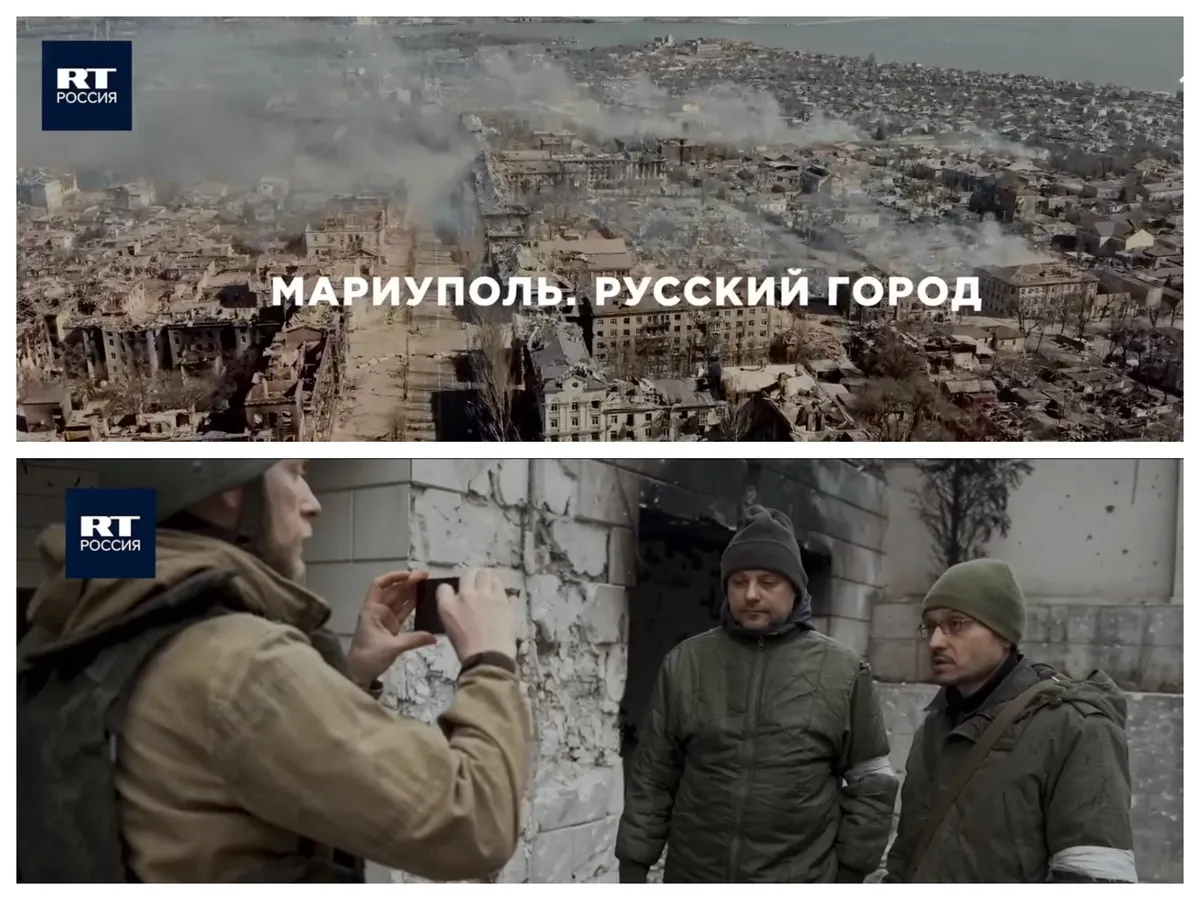 1.Открывающие титры фильма RT. 2. Павел Чуприна снимает мобилизованных коллег из филармонии на мобильный телефон. Фото: скрин <a href="https://vk.com/video-202958281_456241583">видео</a><br>