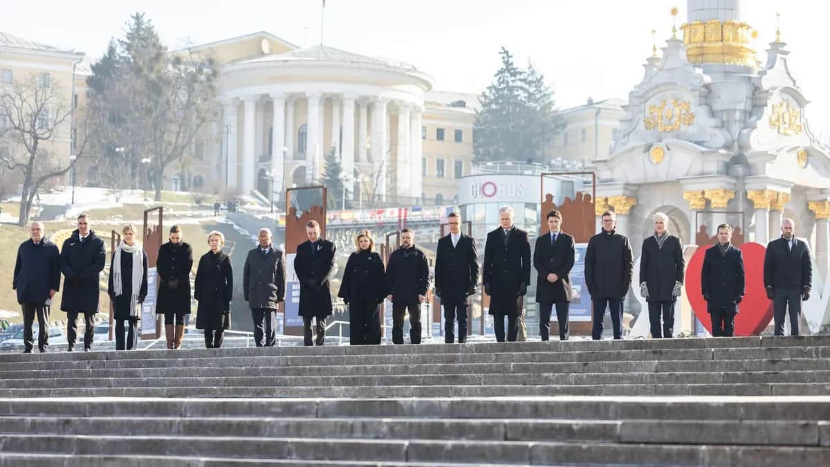 World leaders join Ukrainian President Volodymyr Zelensky on Kyiv’s Independence Square for a ceremony to mark the third anniversary of the Russian invasion of Ukraine, 24 February 2025. Photo: EPA-EFE / Ukrainian Presidential Office&nbsp;