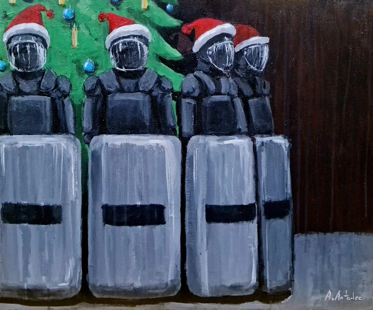 Georgian police guard a Christmas tree in an Antadze painting. Photo: Sandro Antadze