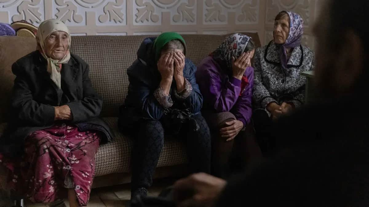 Sudzha residents in a shelter organised by Ukrainian military police in Russia’s Kursk region, 8 October 2024. Photo: Yevhen Titov / Abaca / Sipa USA / Vida Press