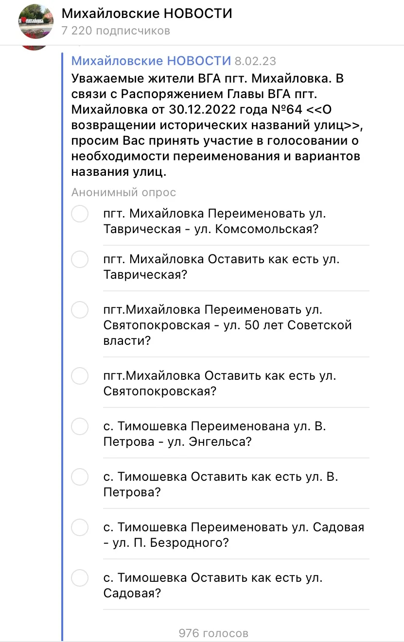 Голосование о переименовании улиц в Михайловке, Запорожской области. Фото: <a href="https://t.me/mihnovosti/3403">Telegram</a>