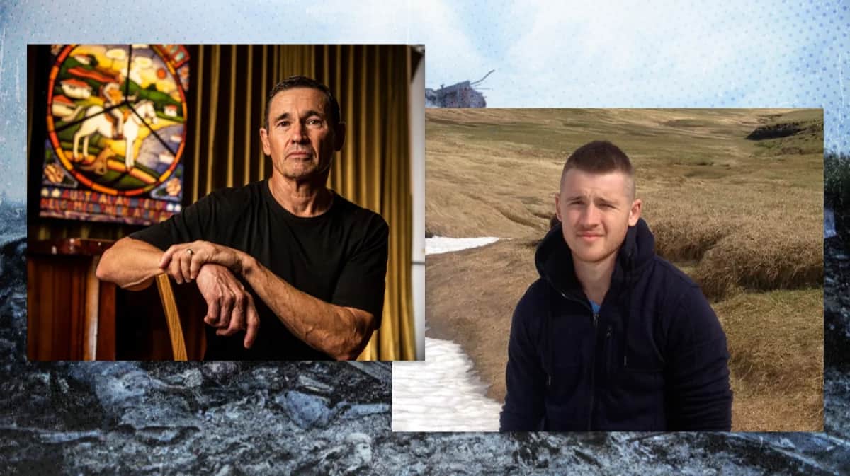 Jon O’Brien and his late son Jack. Collage: Novaya Gazeta Europe / Alyona Zykina / EPA
