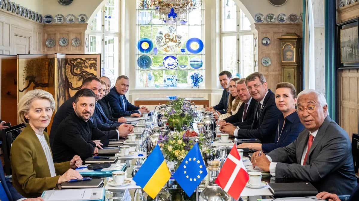 European and Ukrainian delegations attend a meeting in Aarhus, Denmark, 3 July 2025. Photo: EPA/IDA MARIE ODGAARD