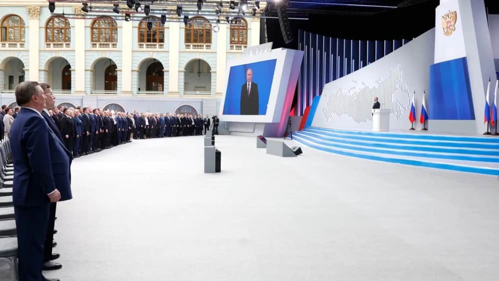 Russian President Vladimir Putin addresses the Federal Assembly, 29 February 2024. Photo: DMITRY ASTAKHOV / SPUTNIK / GOVERNMENT PRESS SERVICE POOL