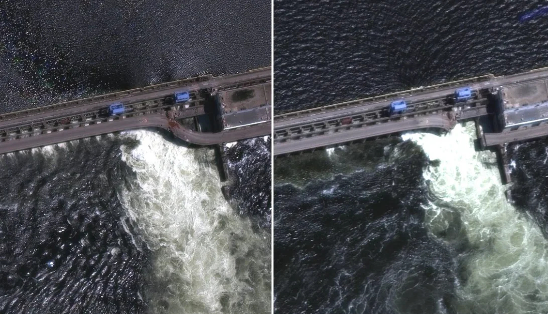 Images from 28 May on the left and from 5 June on the right. Photo: Maxar