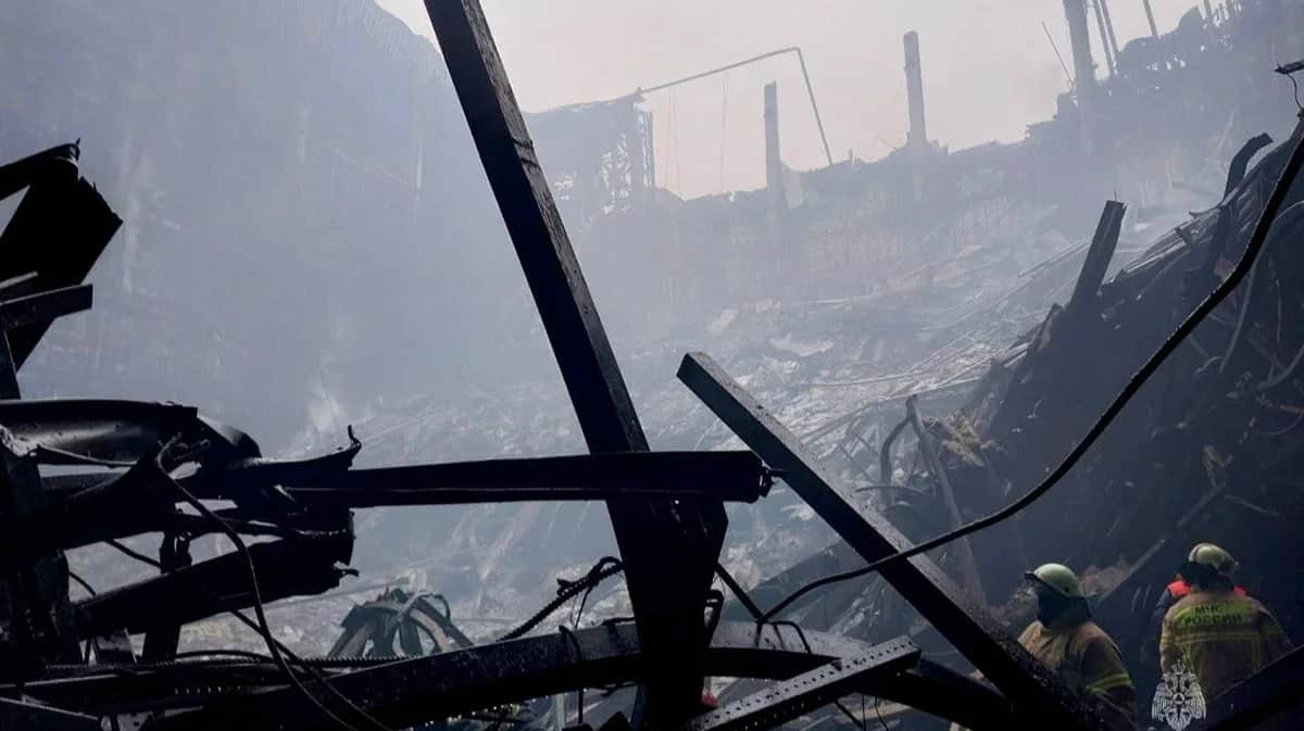 The burnt out ruins of Crocus City Hall following the concert hall terror attack on Friday. Photo: Ministry of Emergency Situations
