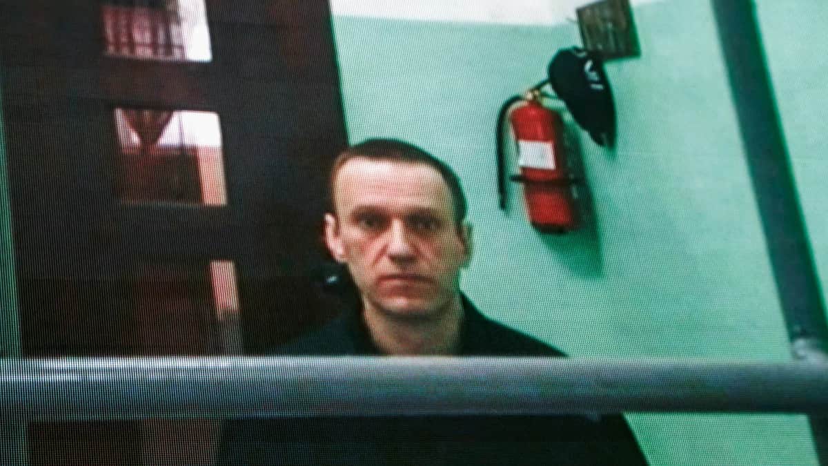 Алексей Навальный на экране видеосвязи из колонии во время слушаний о его праве на переписку в Верховном суде РФ в Москве, Россия, 22 июня 2023 года. Фото: Сергей Ильницкий / EPA-EFE