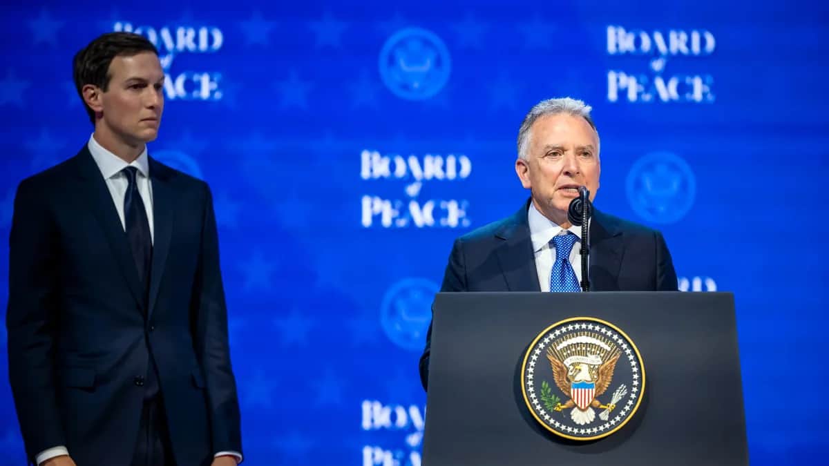 <span>US Mideast envoy Steve Witkoff (R) speaks next to Jared Kushner (L) after the signing of the founding charter at the Board of Peace in Davos, Switzerland, 22 January 2026. Photo: EPA / GIAN EHRENZELLER</span>