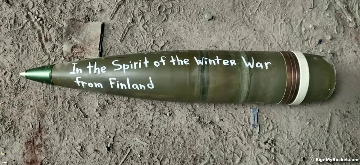 A message on a shell referring to the Soviet-Finnish (Winter) War. Photo: <a href="https://signmyrocket.com/">Signmyrocket</a>