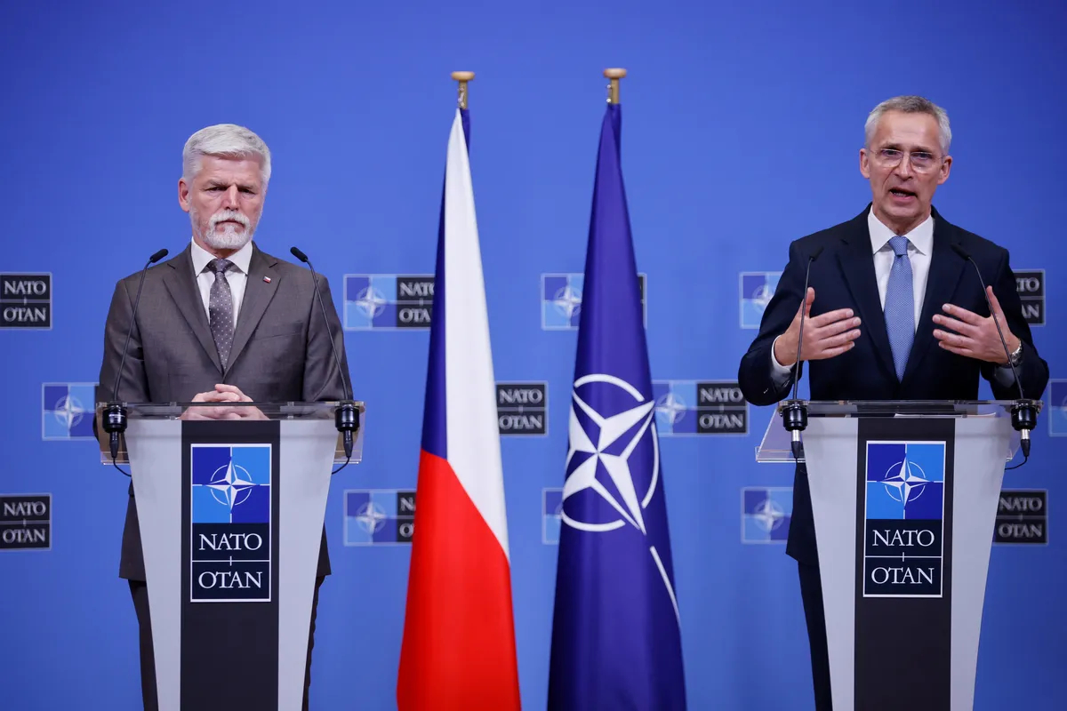 NATO Secretary General Jens Stoltenberg (on the right) and Czech President Petr Pavel make a joint statement for the media at the NATO headquarters in Brussels, Belgium, 19 April 2023. Photo: REUTERS/Johanna Geron