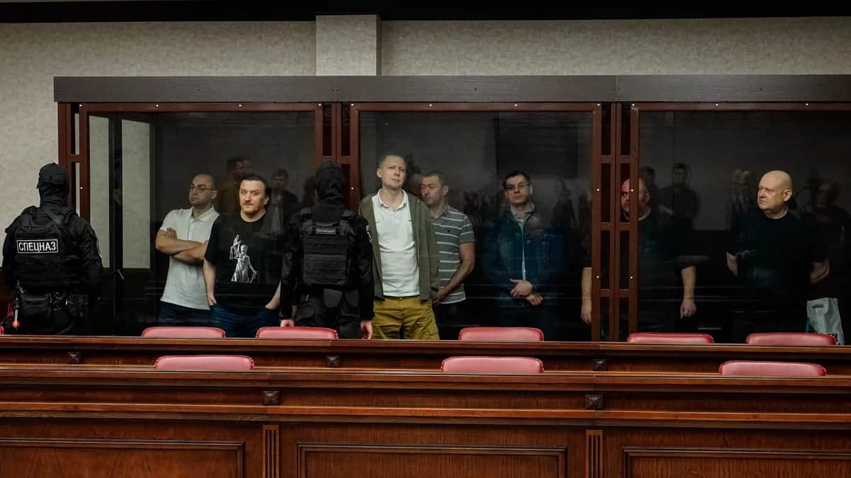 Defendants await the verdict at the Southern District Military Court in Rostov-on-Don, Russia, 27 November 2025. Photo: EPA<br>