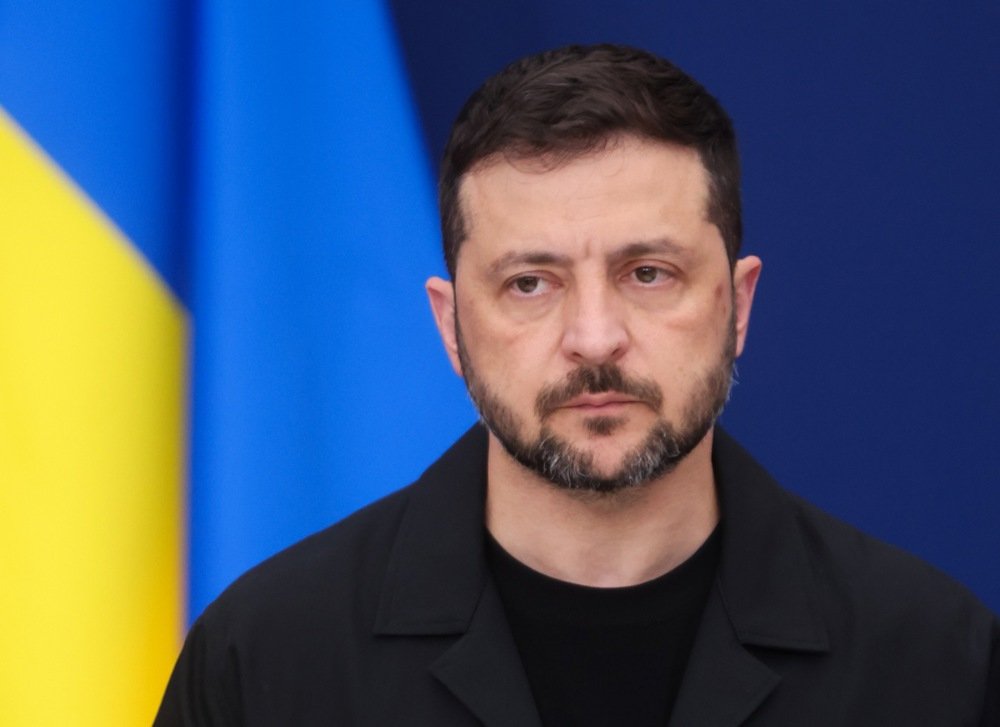 Ukrainian President Volodymyr Zelensky speaks during a press conference in Brussels, Belgium, 17 August 2025. EPA/OLIVIER HOSLET