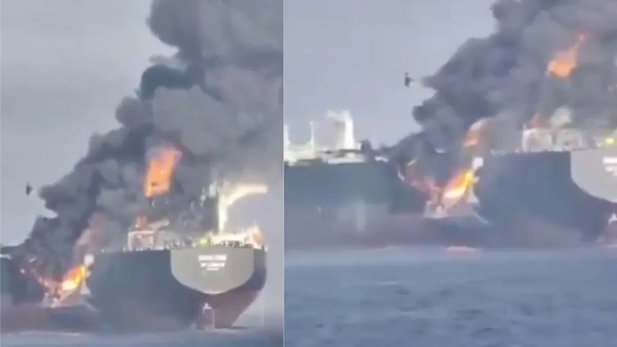 Screenshot from a video showing the tanker Adalynn ablaze in the Gulf of Oman. Black Sea Strategy Institute / Telegram