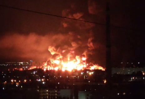 A massive blaze rises over the oil terminal in Feodosia in the early hours of 13 October 2025. Screenshot: social media